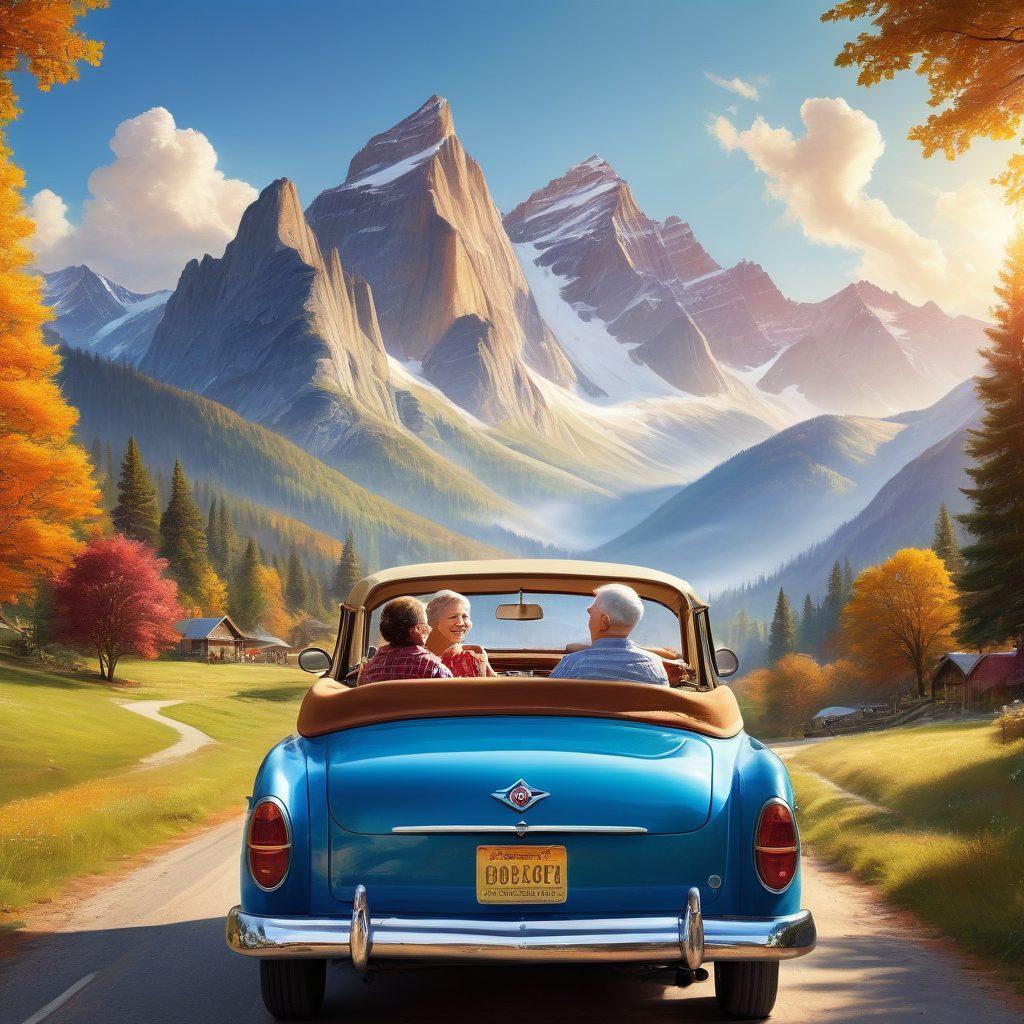 A harmonious scene depicting various relationship stages: a couple on a joyful road trip in a vintage car, a family picnic with kids, and elderly partners holding hands. The background features a vibrant landscape of mountains and sunny skies, symbolizing life's journey. Incorporate icons of insurance coverage, like a car, home, and heart, subtly integrated into the scenery. super-realistic. vibrant colors. scenic background.