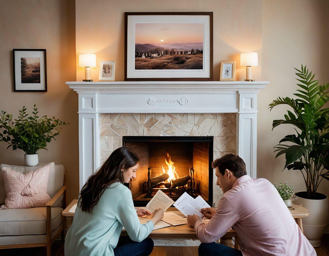 A cozy, intimate scene of a couple sharing a moment in a beautifully decorated living room, surrounded by love letters and framed photos of their journey together. Include a warm glow from a fireplace and a nearby table with an insurance policy document and a pen, symbolizing protection. Soft pastel colors with charming details like a heart-shaped plant and warm lighting to enhance the romantic atmosphere. super-realistic. warm tones. inviting ambiance.