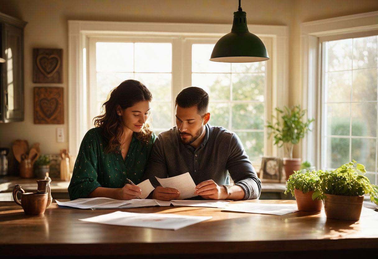 A couple standing together, reviewing insurance documents at a cozy kitchen table, surrounded by symbols of love and protection like a heart-shaped lock and a shield. Bright sunlight filters through the window, reflecting a sense of warmth and security. In the background, family photos and plants create an inviting atmosphere. super-realistic. vibrant colors. soft focus.